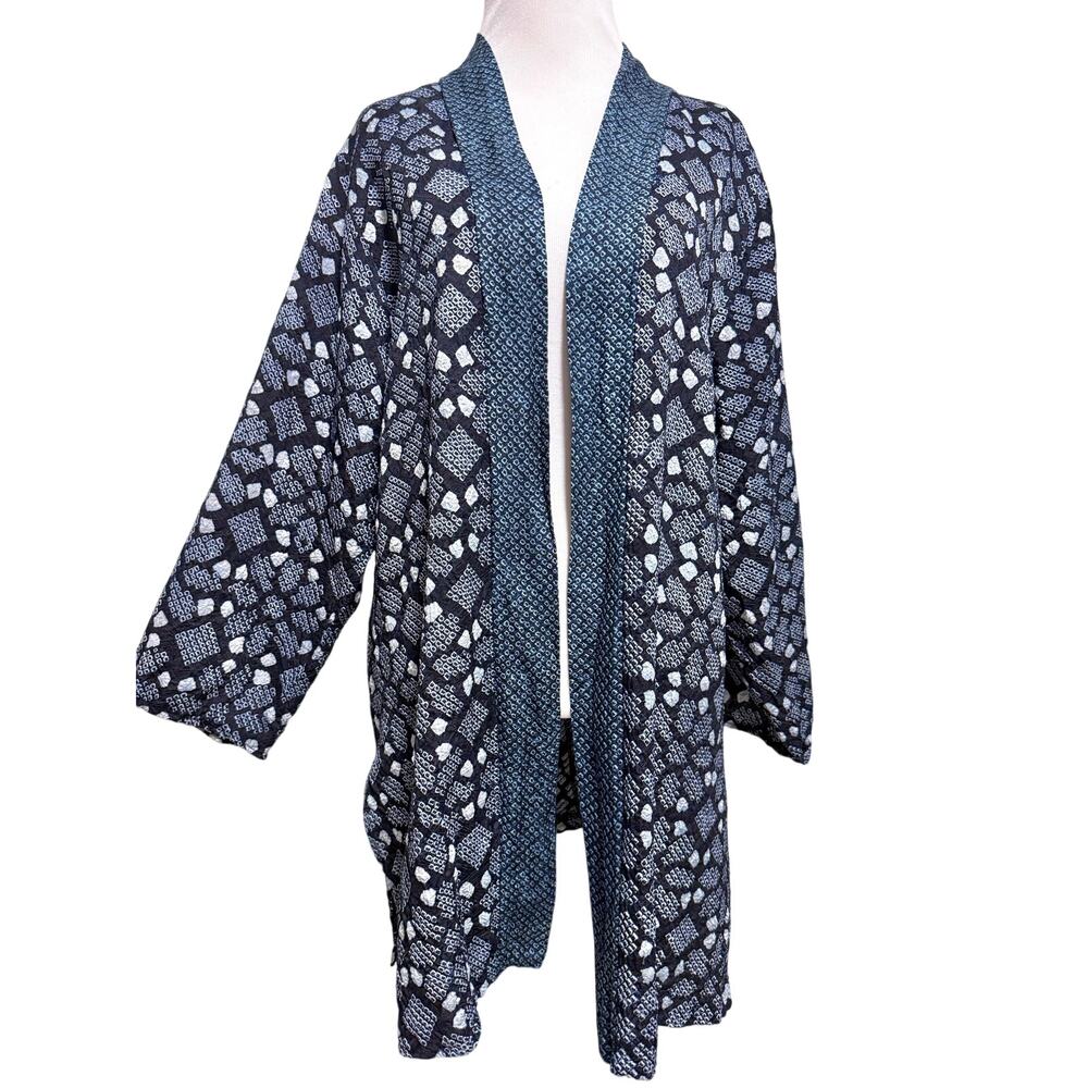 Vintage Anne Namba Women Silk Kimono Cardigan XL Blue Geometric Print Open Front